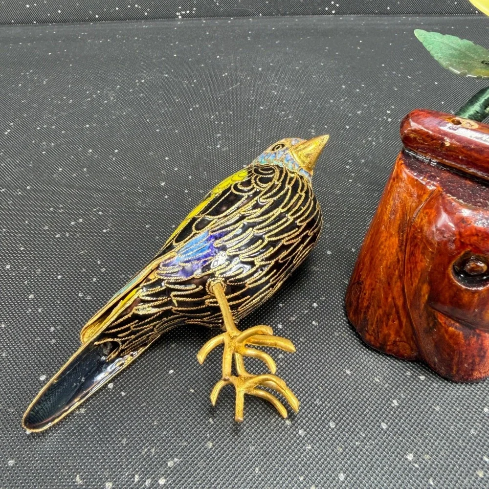 Cloisonne Enamel Bird Figurine Carved Wood Base Quartz Jade Stone Flowers 6in